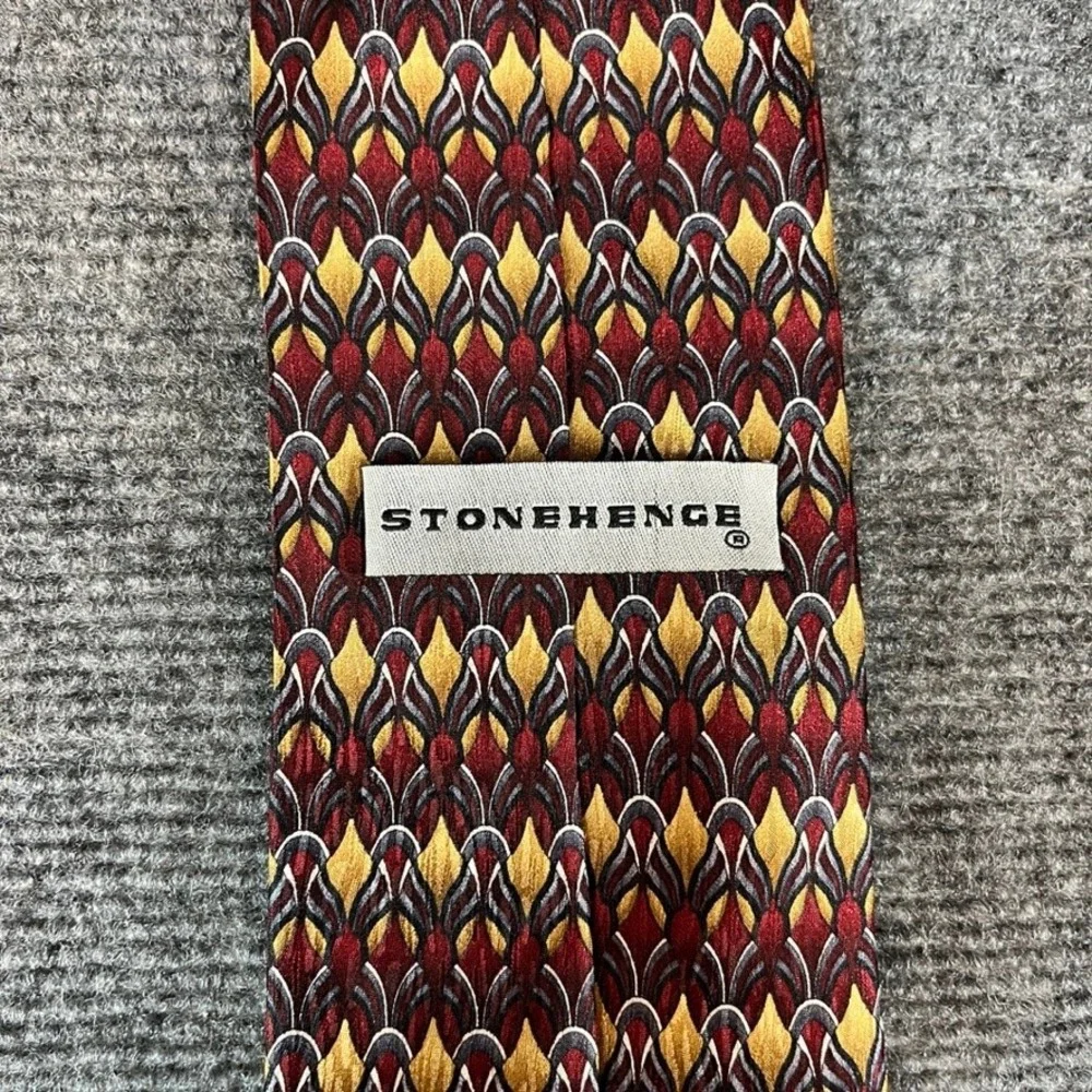 Stonehenge Mens Silk Tie Burgundy Gold Geometric Pattern Handmade Necktie